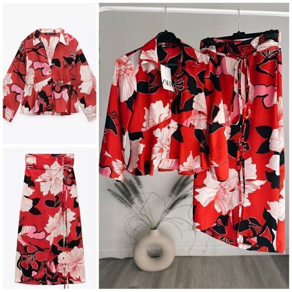 Zara Set Satin Blouse and Skirt New - Picture 1 of 4